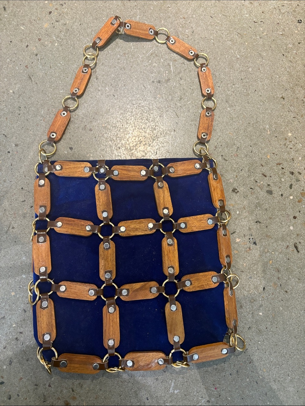 Navy Suede Shoulder Bag with Wooden Link Detail